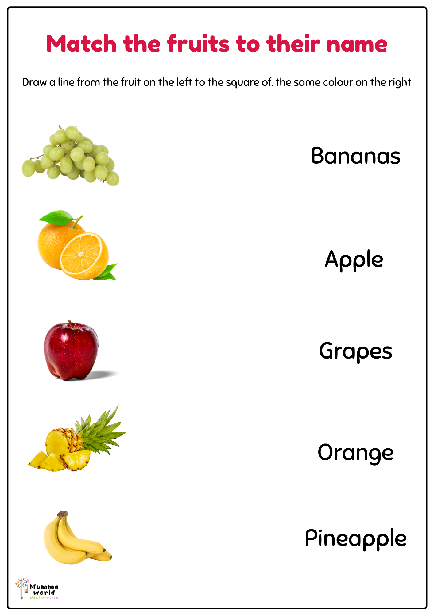 Match The Fruits To Their Name Fruits Worksheet Mummaworld