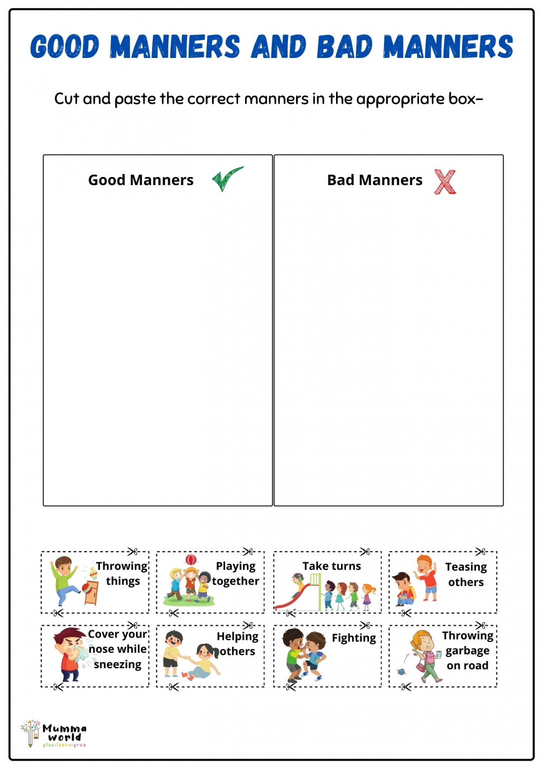 Manners worksheet for kids Good Manners Bad Manners Mummaworld com