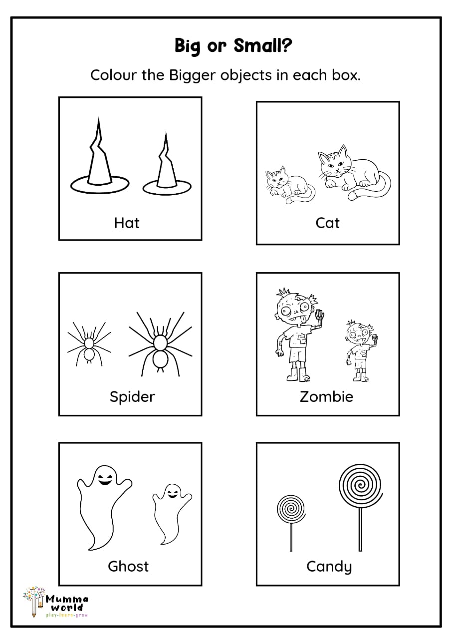 Halloween Worksheets for Kids I Big and Small Worksheets I Size Comparison Worksheets for kids - Mummaworld.com