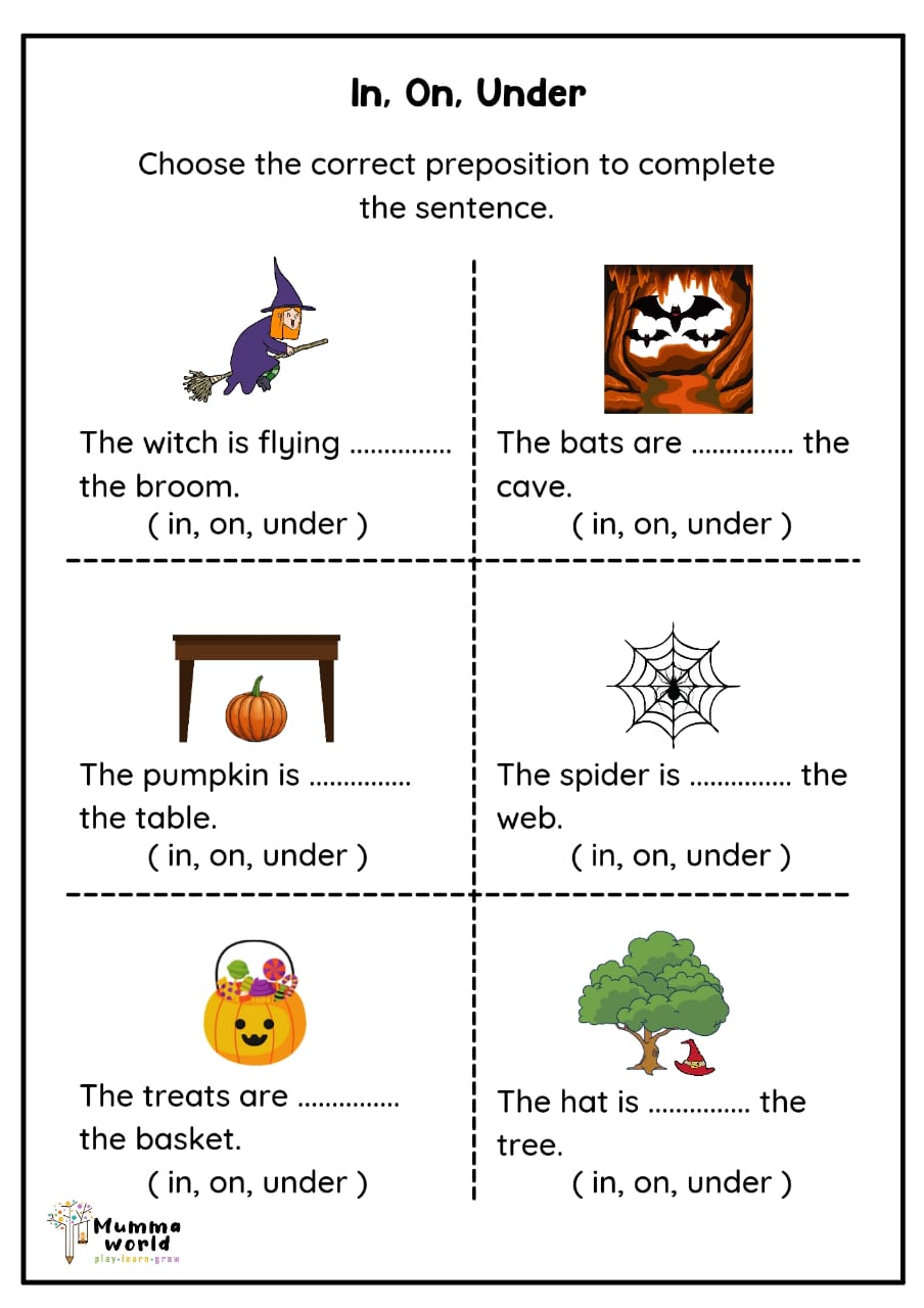 Halloween Worksheets I Prepositions Worksheets for kids I In, On, Under Worksheets - Mummaworld.com