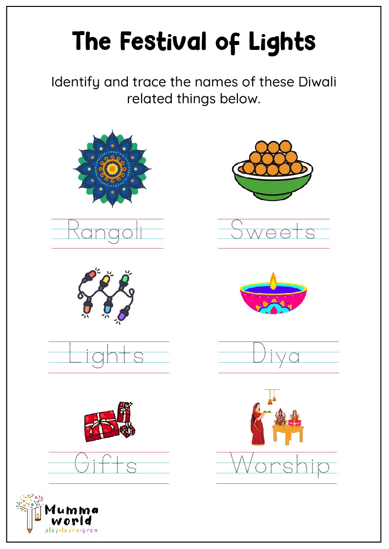 Diwali Vocabulary Worksheet I Diwali Worksheets for kids I Word Tracing Worksheet - Mummaworld.com